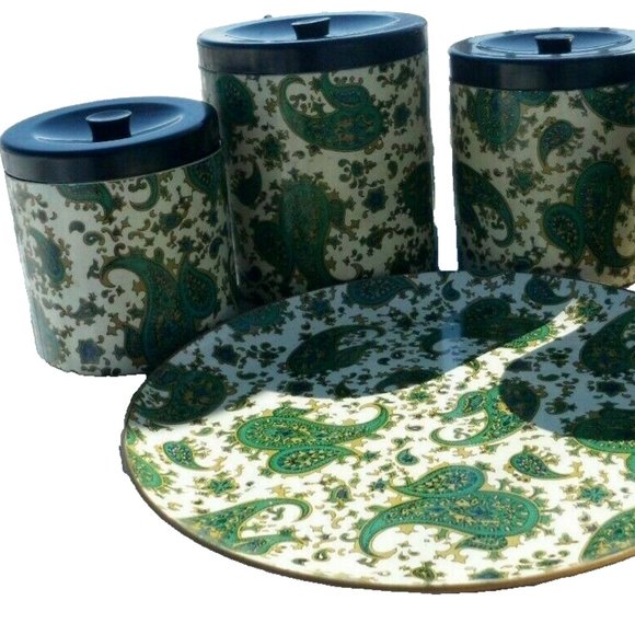 Vintage Kitchen Canister Set Takahashi Nesting Container Green Paisley Tray MCM - Picture 11 of 13